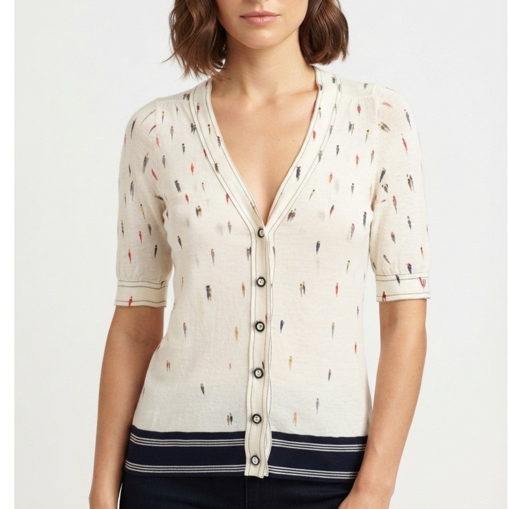 Moth Anthropologie People Figure Print V-Neck Cardigan Sweater Ivory Medium